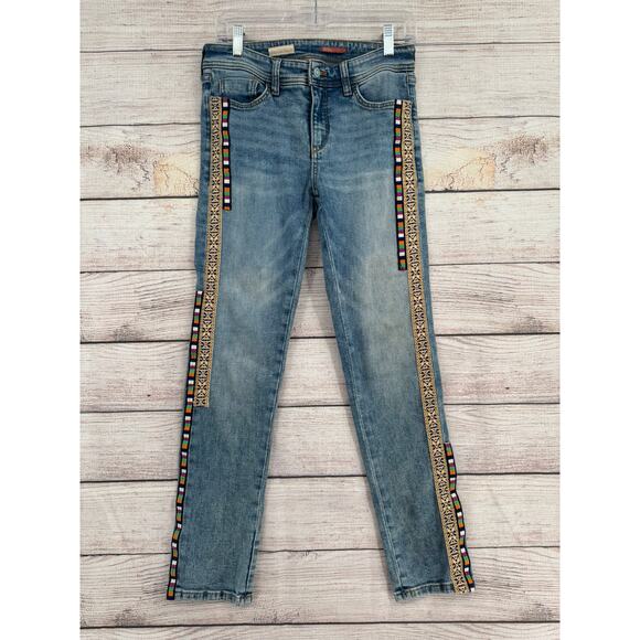 Pilcro Slim Boyfriend Crop Jeans Womens 26 Blue Medium Wash Ribbon Embroidered - Picture 1 of 13